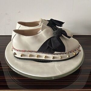 MADE IN ITALY AGL White Flats with Black Bow and  Platform Sole
